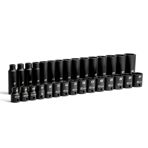 3/8 in Drive Shallow and Deep Impact Socket Set, Metric, 30 pcs